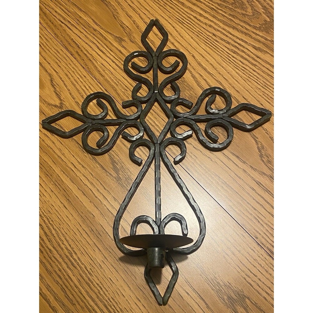Vintage wrought iron wall hanging cross with integrated candle holder 20" tall